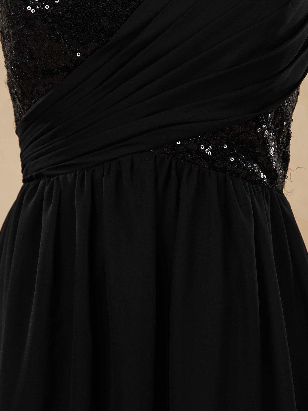 Vestido de dama de honor de gasa con escote en V, largo hasta el suelo, con lentejuelas y frunces