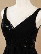Vestido de dama de honor de gasa con escote en V, largo hasta el suelo, con lentejuelas y frunces