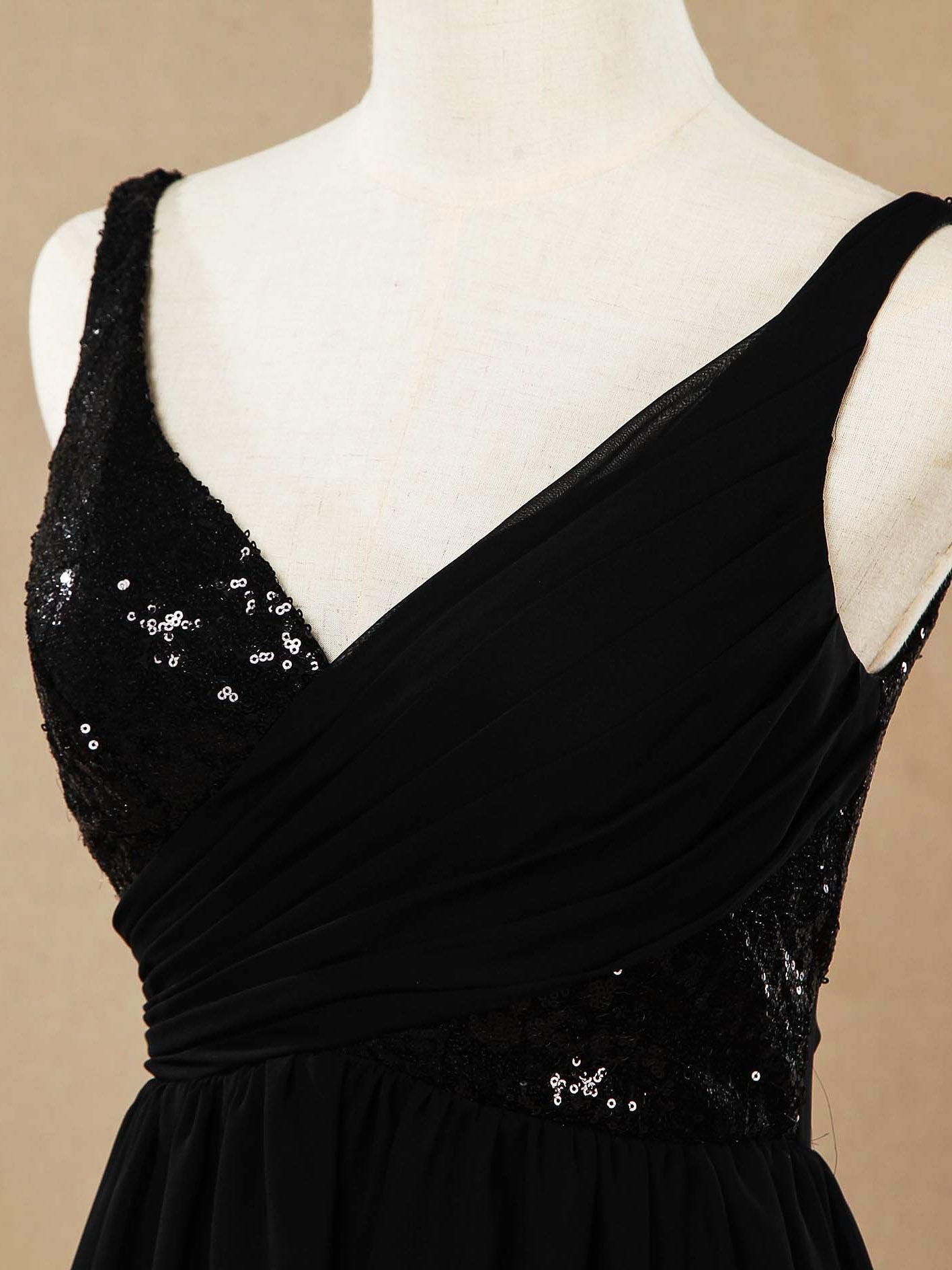Vestido de dama de honor de gasa con escote en V, largo hasta el suelo, con lentejuelas y frunces
