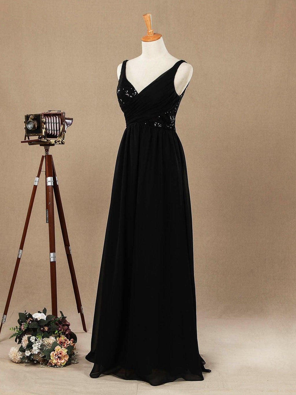 Vestido de dama de honor de gasa con escote en V, largo hasta el suelo, con lentejuelas y frunces
