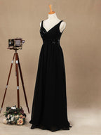 Vestido de dama de honor de gasa con escote en V, largo hasta el suelo, con lentejuelas y frunces