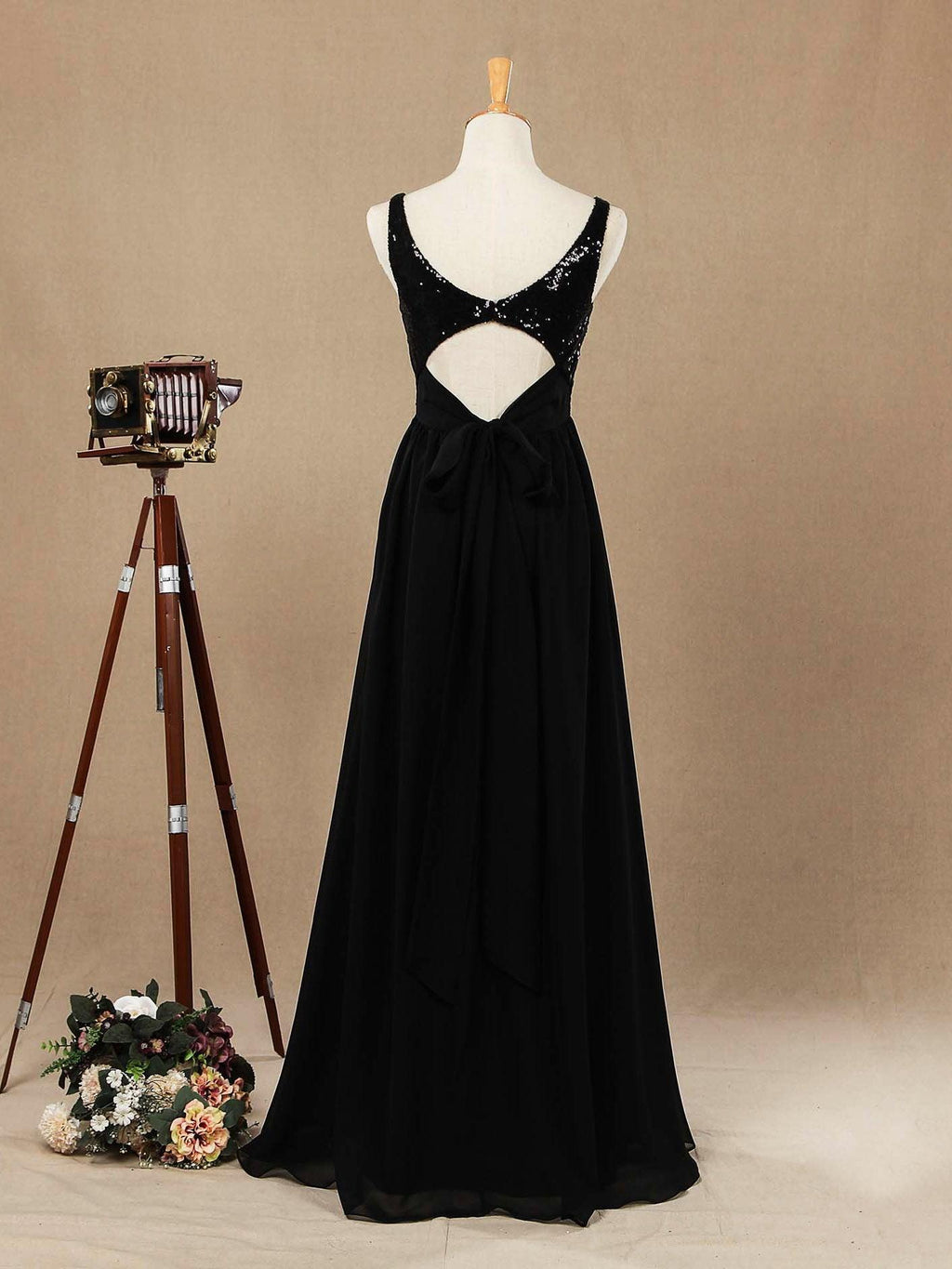 Vestido de dama de honor de gasa con escote en V, largo hasta el suelo, con lentejuelas y frunces