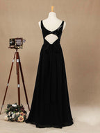 Vestido de dama de honor de gasa con escote en V, largo hasta el suelo, con lentejuelas y frunces