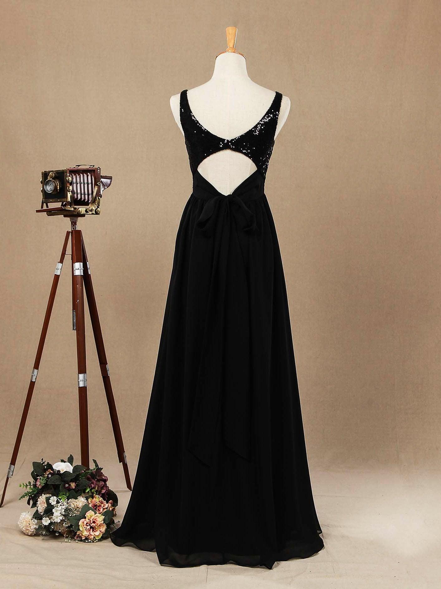 Vestido de dama de honor de gasa con escote en V, largo hasta el suelo, con lentejuelas y frunces