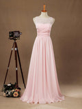A-Linie, Rundhalsausschnitt, bodenlanges Chiffon-Brautjungfernkleid mit passender Spitze und gerüschten Falten 