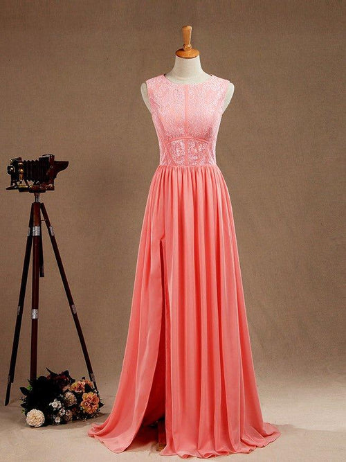 NumberSea - A - Line Jewel Neck Floor Length Chiffon match Lace Prom Formal Evening Dress with Split