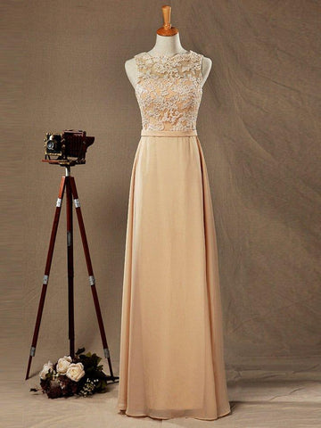 NumberSea - Numbersea Lace Mix Chiffon Bridesmaid dress Champagne Straps Bateau Neck Floor length