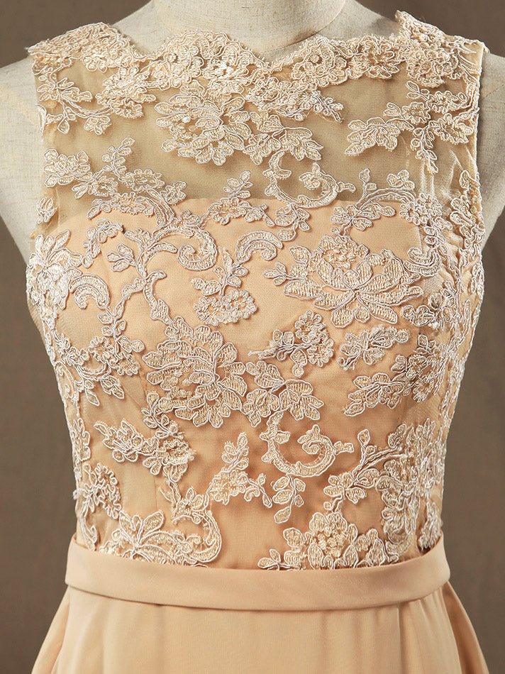 NumberSea - Numbersea Lace Mix Chiffon Bridesmaid dress Champagne Straps Bateau Neck Floor length
