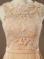 NumberSea - Numbersea Lace Mix Chiffon Bridesmaid dress Champagne Straps Bateau Neck Floor length