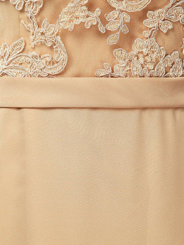 NumberSea - Numbersea Lace Mix Chiffon Bridesmaid dress Champagne Straps Bateau Neck Floor length