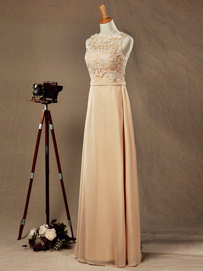 NumberSea - Numbersea Lace Mix Chiffon Bridesmaid dress Champagne Straps Bateau Neck Floor length