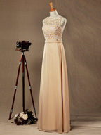 NumberSea - Numbersea Lace Mix Chiffon Bridesmaid dress Champagne Straps Bateau Neck Floor length