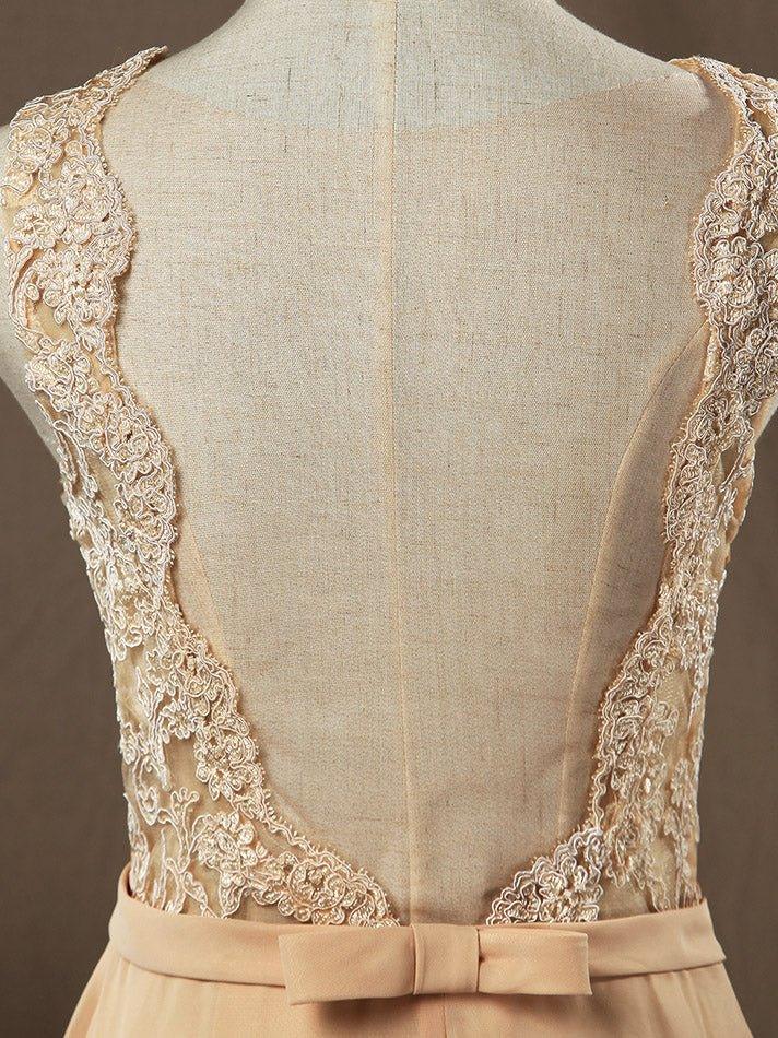 NumberSea - Numbersea Lace Mix Chiffon Bridesmaid dress Champagne Straps Bateau Neck Floor length