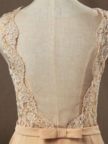 NumberSea - Numbersea Lace Mix Chiffon Bridesmaid dress Champagne Straps Bateau Neck Floor length