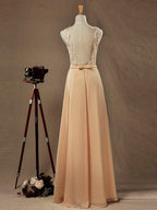 NumberSea - Numbersea Lace Mix Chiffon Bridesmaid dress Champagne Straps Bateau Neck Floor length