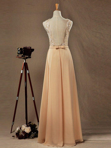 NumberSea - Numbersea Lace Mix Chiffon Bridesmaid dress Champagne Straps Bateau Neck Floor length