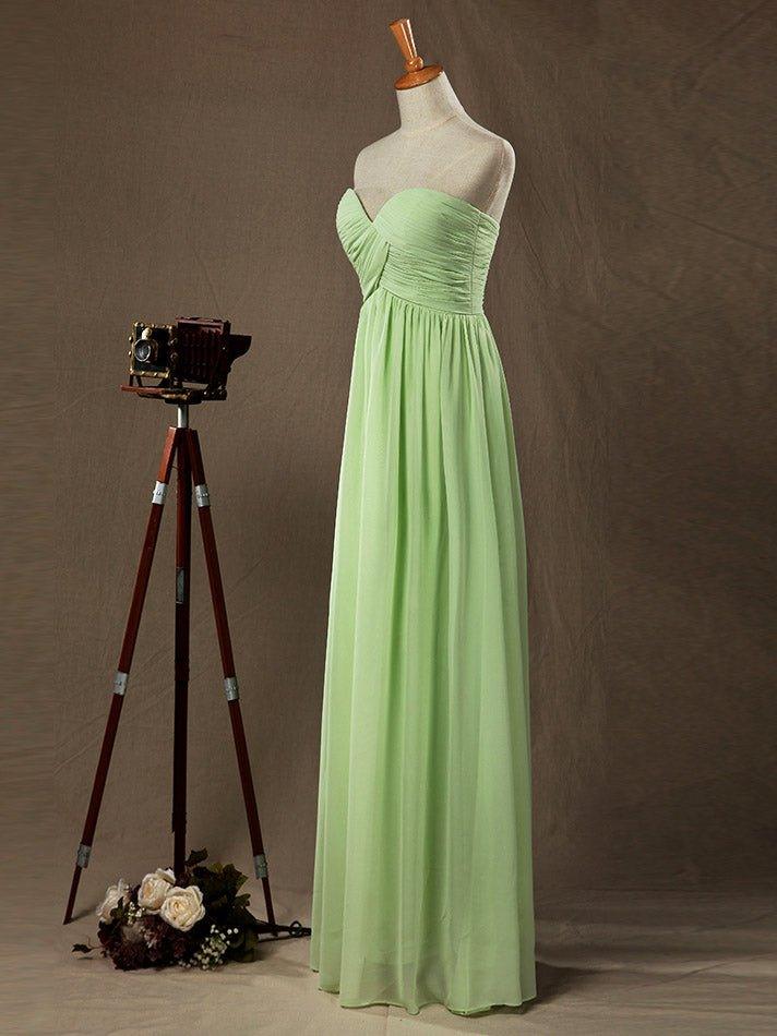 NumberSea - Sage Strapless Sweetheart Floor length Bridesmaid Dress with Criss Cross Ruching Pleats