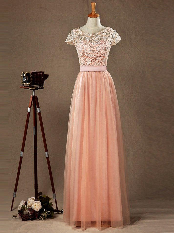 NumberSea - Numbersea Lace mix Tulle Bridesmaid Dress Jewel Neck A - line Short Sleeves Evening Dress