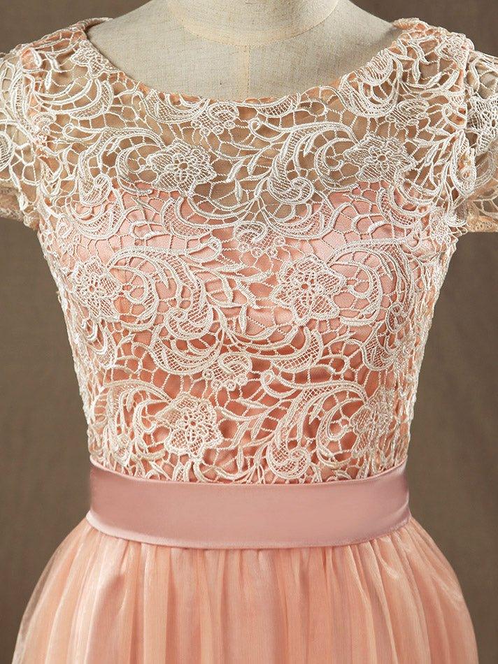 NumberSea - Numbersea Lace mix Tulle Bridesmaid Dress Jewel Neck A - line Short Sleeves Evening Dress