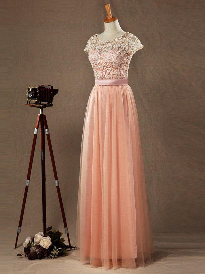 NumberSea - Numbersea Lace mix Tulle Bridesmaid Dress Jewel Neck A - line Short Sleeves Evening Dress