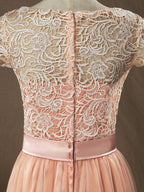 NumberSea - Numbersea Lace mix Tulle Bridesmaid Dress Jewel Neck A - line Short Sleeves Evening Dress
