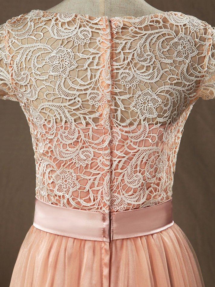 NumberSea - Numbersea Lace mix Tulle Bridesmaid Dress Jewel Neck A - line Short Sleeves Evening Dress