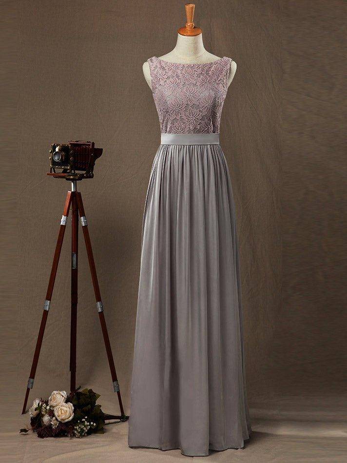 NumberSea - Numbersea Sheath / Column Bateau Neck Floor Length Chiffon match Lace Bridesmaid Dress with Pleats