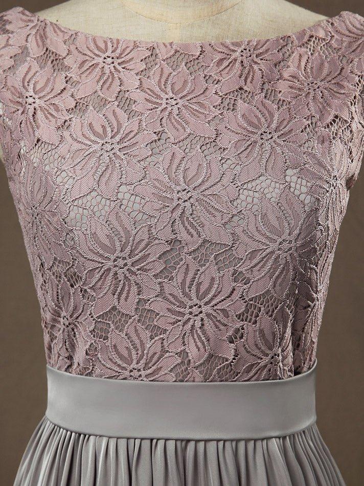 NumberSea - Numbersea Sheath / Column Bateau Neck Floor Length Chiffon match Lace Bridesmaid Dress with Pleats