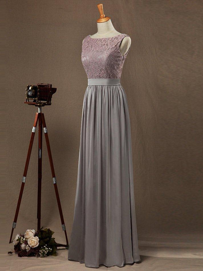 NumberSea - Numbersea Sheath / Column Bateau Neck Floor Length Chiffon match Lace Bridesmaid Dress with Pleats