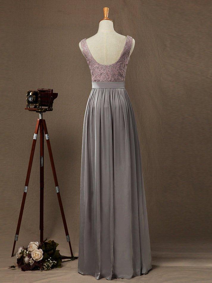 NumberSea - Numbersea Sheath / Column Bateau Neck Floor Length Chiffon match Lace Bridesmaid Dress with Pleats