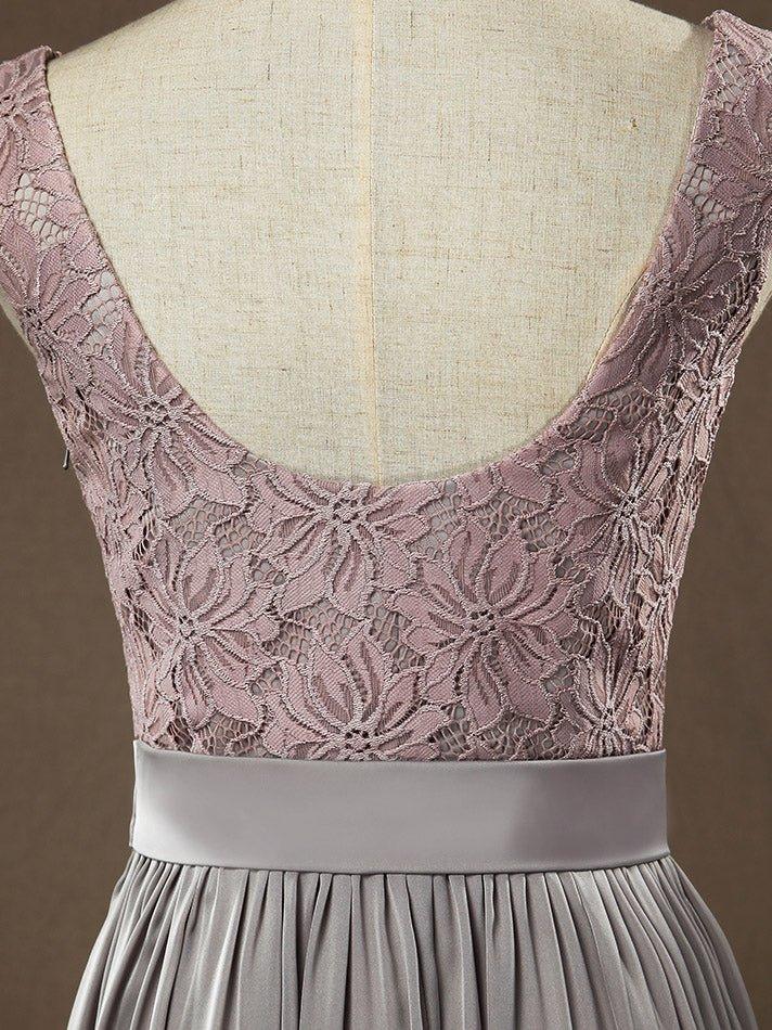 NumberSea - Numbersea Sheath / Column Bateau Neck Floor Length Chiffon match Lace Bridesmaid Dress with Pleats