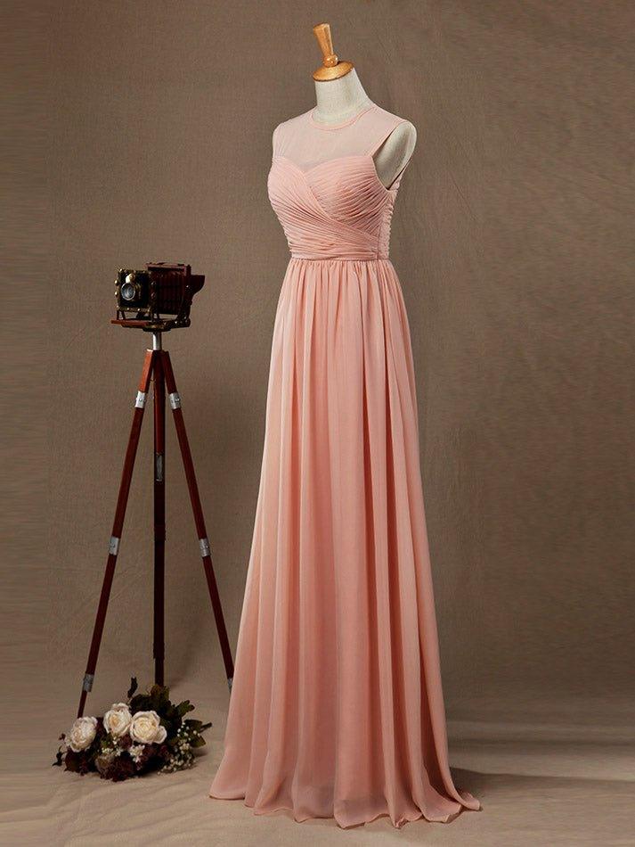 NumberSea - A - Line Jewel Neck Floor Length Chiffon Bridesmaid Dress