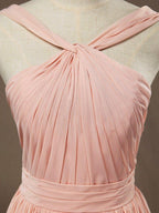 NumberSea - Chiffon Bridesmaid Dress A - Line Princess Double Straps Halter - neck Floor - length