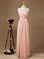 NumberSea - Chiffon Bridesmaid Dress A - Line/Princess Double Straps Deep V - neck V - back Floor - Length