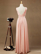 NumberSea - Chiffon Bridesmaid Dress A - Line/Princess Double Straps Deep V - neck V - back Floor - Length