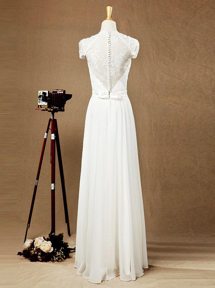 NumberSea - Sheath / Column Deep V - neck Cap Sleeves Chiffon match Lace Evening Dress See Through Back Buttons