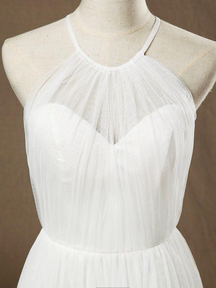 NumberSea - A - Line Jewel Neck Floor Length Tulle Bridesmaid Dress See Through with Pleats