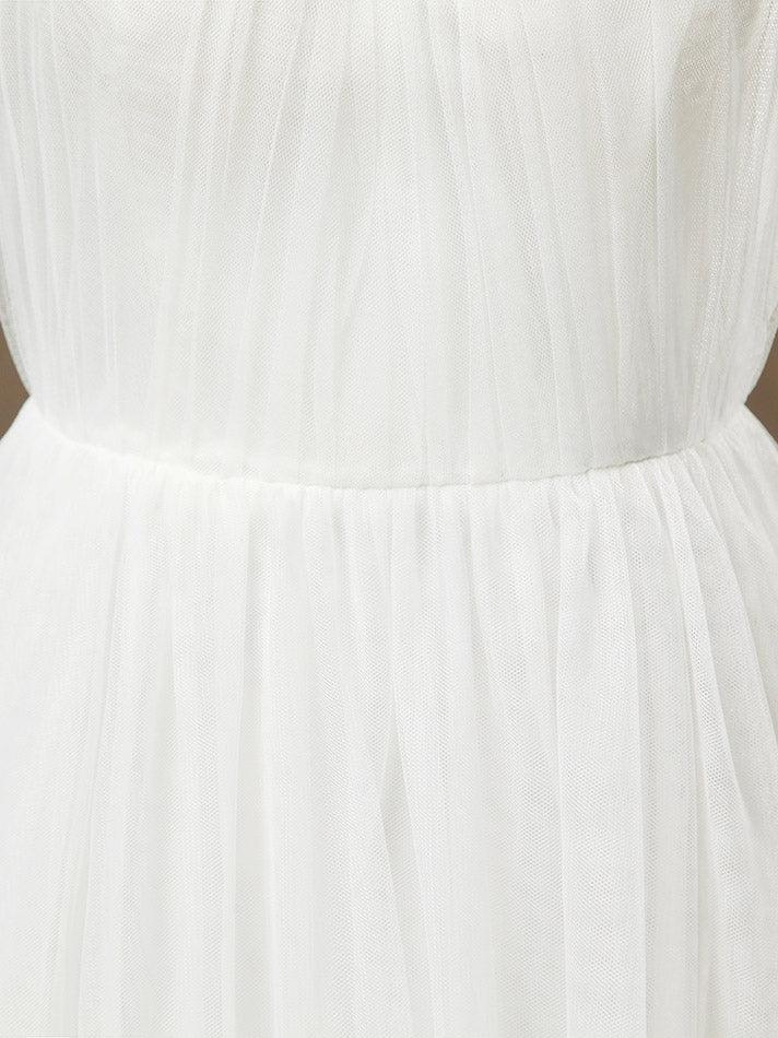 NumberSea - A - Line Jewel Neck Floor Length Tulle Bridesmaid Dress See Through with Pleats