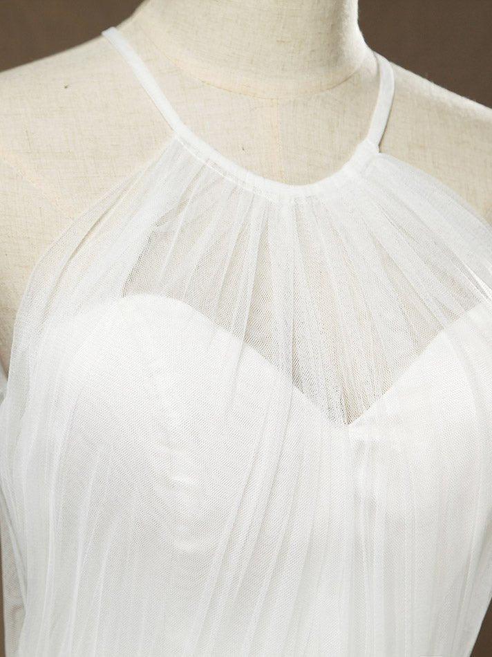 NumberSea - A - Line Jewel Neck Floor Length Tulle Bridesmaid Dress See Through with Pleats