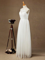 NumberSea - A - Line Jewel Neck Floor Length Tulle Bridesmaid Dress See Through with Pleats
