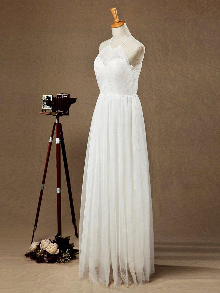 NumberSea - A - Line Jewel Neck Floor Length Tulle Bridesmaid Dress See Through with Pleats