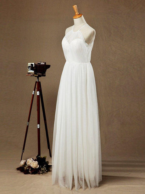 NumberSea - A - Line Jewel Neck Floor Length Tulle Bridesmaid Dress See Through with Pleats