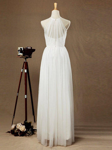 NumberSea - A - Line Jewel Neck Floor Length Tulle Bridesmaid Dress See Through with Pleats