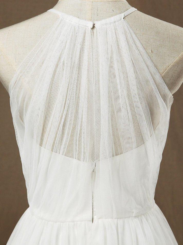 NumberSea - A - Line Jewel Neck Floor Length Tulle Bridesmaid Dress See Through with Pleats