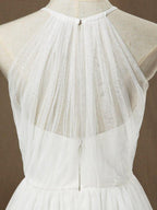 NumberSea - A - Line Jewel Neck Floor Length Tulle Bridesmaid Dress See Through with Pleats