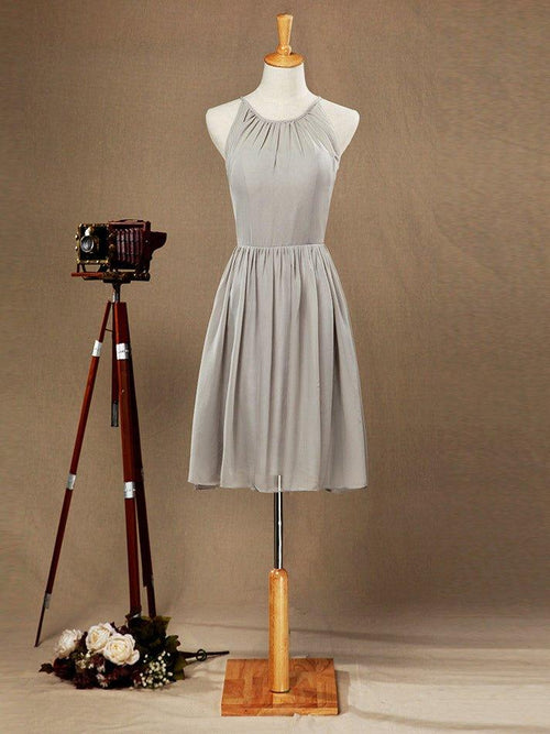 NumberSea - A - Line Jewel Neck Knee Length Chiffon Bridesmaid Dress with Pleats