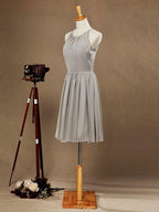 NumberSea - A - Line Jewel Neck Knee Length Chiffon Bridesmaid Dress with Pleats
