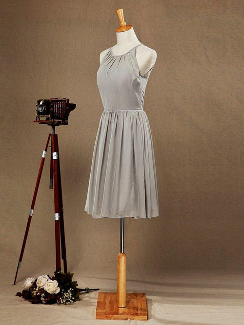 NumberSea - A - Line Jewel Neck Knee Length Chiffon Bridesmaid Dress with Pleats