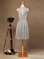 NumberSea - A - Line Jewel Neck Knee Length Chiffon Bridesmaid Dress with Pleats
