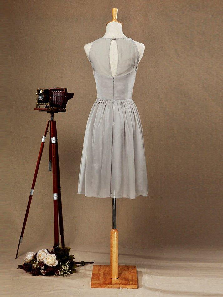 NumberSea - A - Line Jewel Neck Knee Length Chiffon Bridesmaid Dress with Pleats